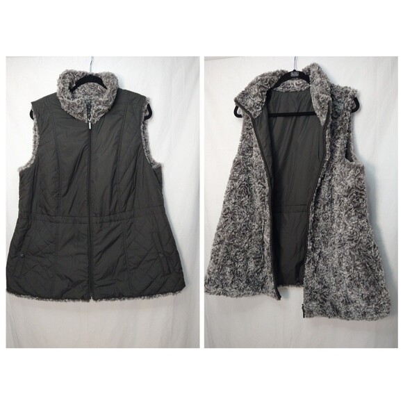 Womens Reversible Faux Fur/Puffer Vest Full Zip Gray Quilted Sz XL Sherpa - Picture 1 of 16